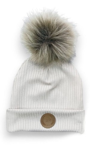 Czapka Jesień Wiosna RIB jasny beż metka MC  pompon brąz CZRIB18.jpg