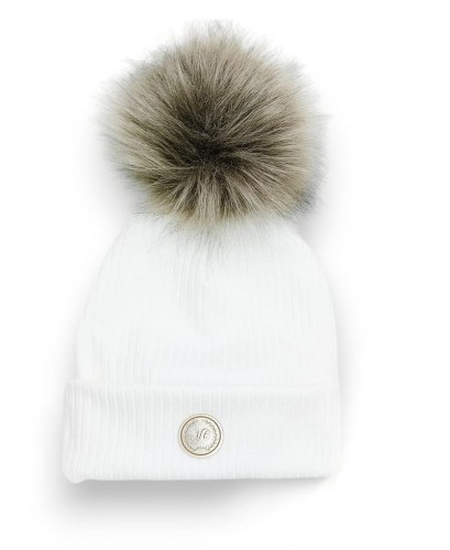 Czapka Jesień Wiosna RIB krem metka okrągła złota pompon brąz CZRIB21.jpg