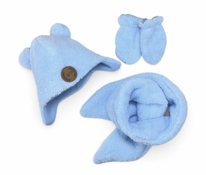 Komplet Zima Chłopiec Czapka pilotka miś +szal  luna  baby blue  + dresówka baby blue metka MC kpm2601